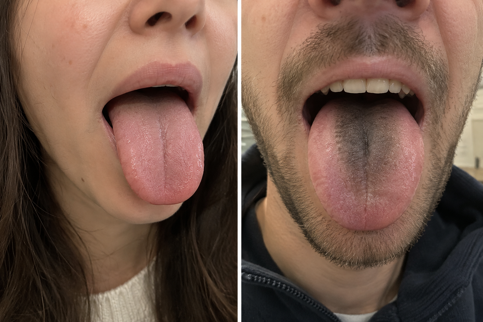 Person with a healthy tongue and person with a black tongue